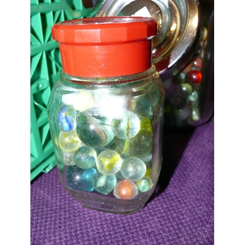 201 - 2 GLASS JARS WITH CONTENTS OF VARIOUS MARBLES