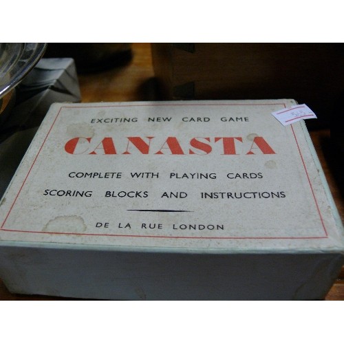 214 - A WOODEN CARD BOX, ORIENTAL BLACK LACQUER BOX AND A CANASTA GAME