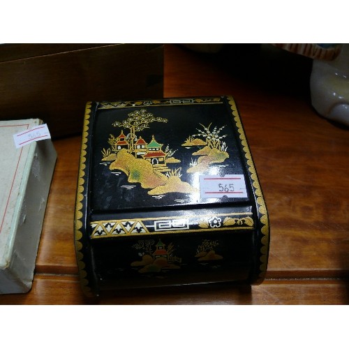 214 - A WOODEN CARD BOX, ORIENTAL BLACK LACQUER BOX AND A CANASTA GAME