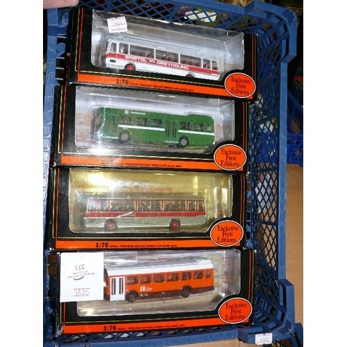 233 - TRAY OF 4 NEW BOXED GILBOW EFE DIECAST BUSES & COACHES INCLUDING MANCHESTER TRAN, ABBOTT'S, CROSVILL... 