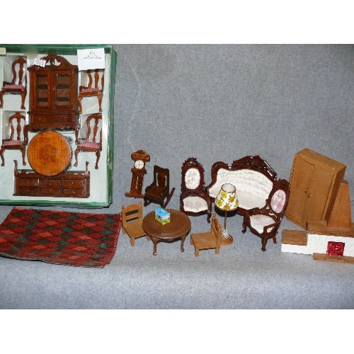 248 - TRAY OF WOODEN DOLLS HOUSE FURNITURE SOME NEW IN BOX INCLUDING ROCKING CHAIR AND PENDULUM CLOCK