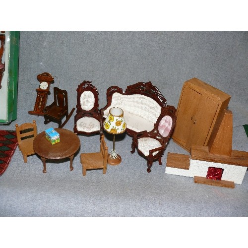 248 - TRAY OF WOODEN DOLLS HOUSE FURNITURE SOME NEW IN BOX INCLUDING ROCKING CHAIR AND PENDULUM CLOCK