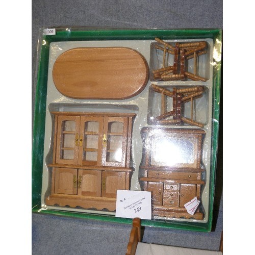 249 - TRAY OF WOODEN DOLLS HOUSE FURNITURE SOME NEW IN BOX INCLUDING BRASS ITEMS, CHAIRS,GOBLETS AND CLOCK