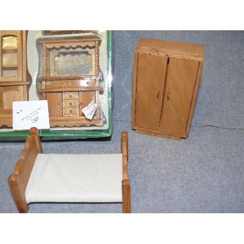 249 - TRAY OF WOODEN DOLLS HOUSE FURNITURE SOME NEW IN BOX INCLUDING BRASS ITEMS, CHAIRS,GOBLETS AND CLOCK