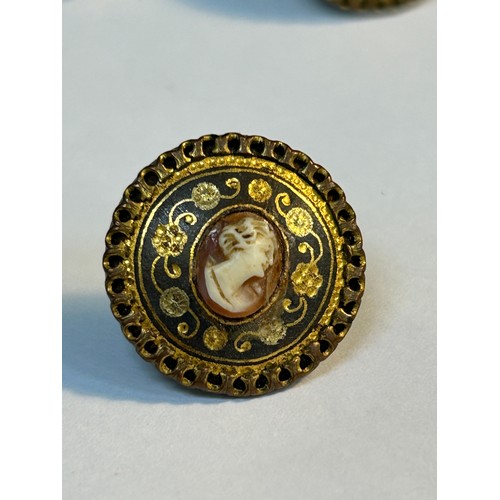 39 - A 1920's pair of Toledo Ware earrings each set with a cameo of a lady and a vintage Toledo brooch wi... 