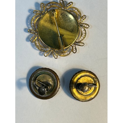 39 - A 1920's pair of Toledo Ware earrings each set with a cameo of a lady and a vintage Toledo brooch wi... 