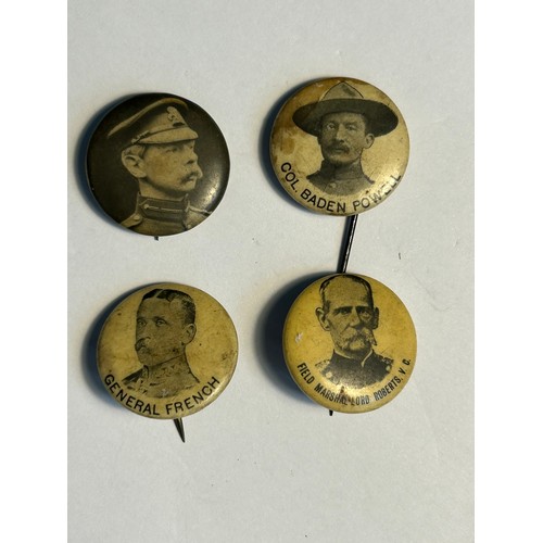 100 - 4 rare early 1900's celluloid tin pin badges depicting Boer War Generals including General French, F... 