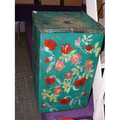 176 - A GALVANISED STEEL ANIMAL FEEDER AND A PAINTED METAL BOX