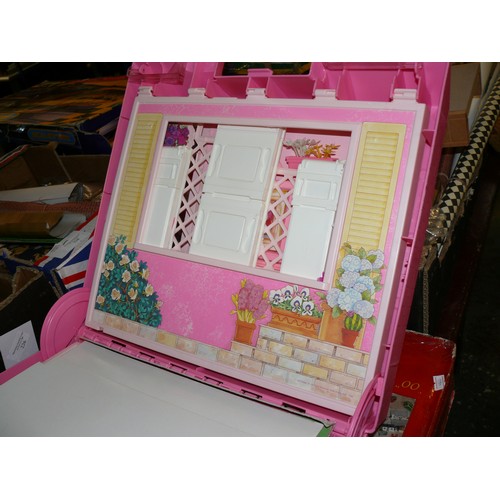 250 - UNUSUAL FOLDAWAY DOLLS HOUSE IN PINK PLASTIC CASE PLUS BAG OF WOODEN DOLLS HOUSE FURNITURE