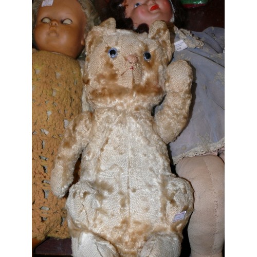 289 - 2 VINTAGE DOLLS AND A VERY OLD CAT BY HARRINGTONS