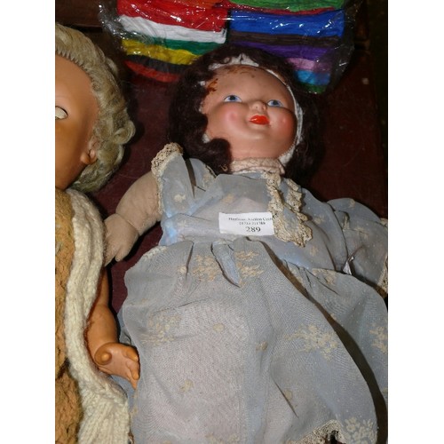 289 - 2 VINTAGE DOLLS AND A VERY OLD CAT BY HARRINGTONS