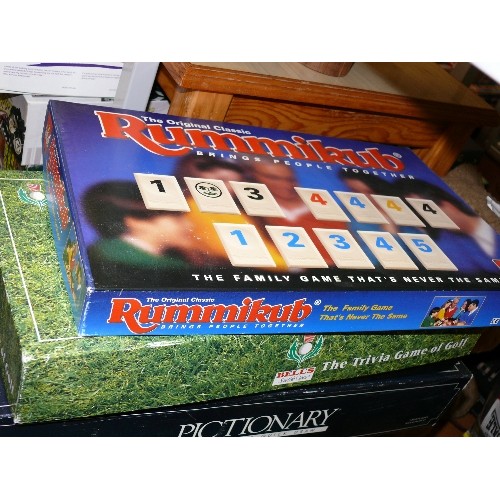 326 - A SELECTION OF BOARD GAMES RUMMIKUB, PICTIONARY, TRIVIAL PURSUIT, OUTBURST ETC