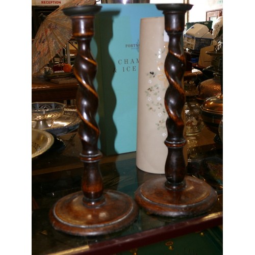 346 - A PAIR OF VINTAGE WOODEN BARLEY TWIST CANDLE STICKS