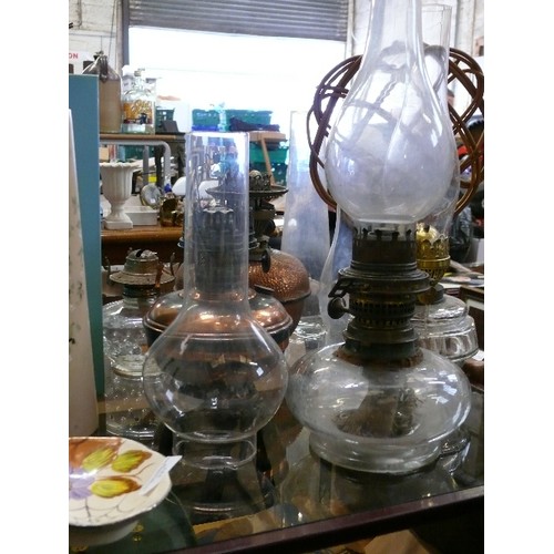 266 - 5 VARIOUS PARAFFIN LAMPS WITH FUNNELS