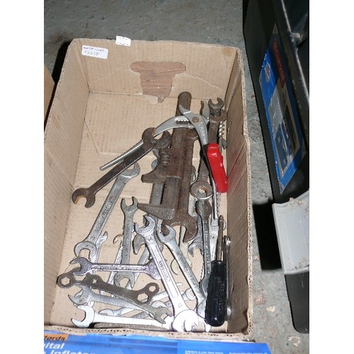 370 - BOX OF SPANNERS SOME BY NAMED CAR COMPANIES & TYRE INFLATOR