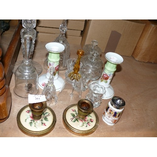 364 - A SELECTION OF DECORATIVE CRYSTAL, BRASS AND CHINA ORNAMENTS, CANDLESTICKS, BELLS ETC