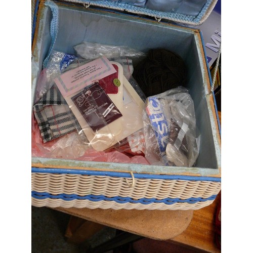 386 - A SEWING BASKET WITH CONTENTS AND VINTAGE JACOBS BISCUIT TIN ALSO WITH SEWING ITEMS