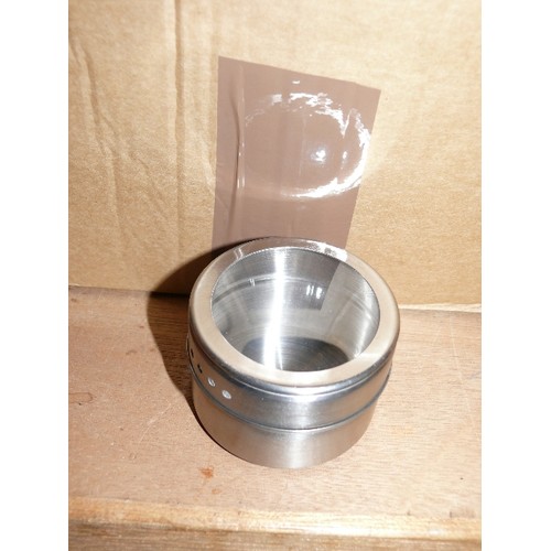 360 - A BOX OF NEW STAINLESS STEEL SPICE POTS