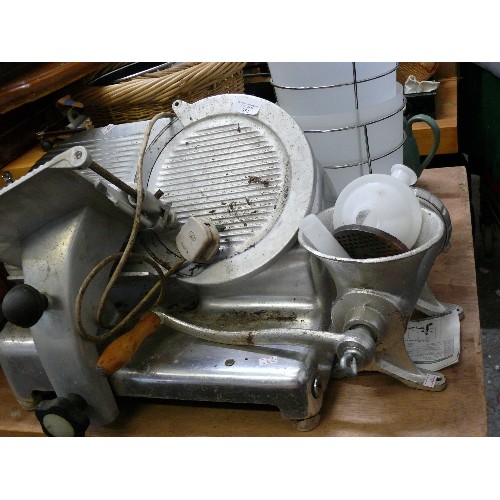 354 - A LARGE INDUSTRIAL ELECTRIC MEAT SLICER AND A MEAT GRINDER/SAUSAGE STUFFER