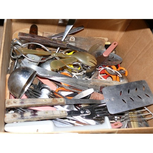 361 - A LARGE BOX OF CUTLERY AND KITCHEN UTENSILS