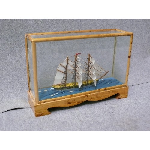 4 - MINIATURE MODEL OF A 3 MASTED SHIP IN A WOODEN FRAMED GLASS CASE