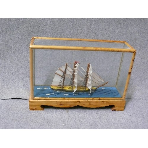 4 - MINIATURE MODEL OF A 3 MASTED SHIP IN A WOODEN FRAMED GLASS CASE