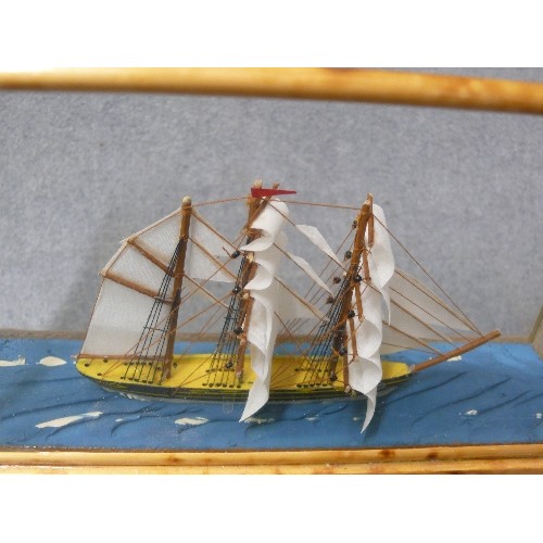 4 - MINIATURE MODEL OF A 3 MASTED SHIP IN A WOODEN FRAMED GLASS CASE