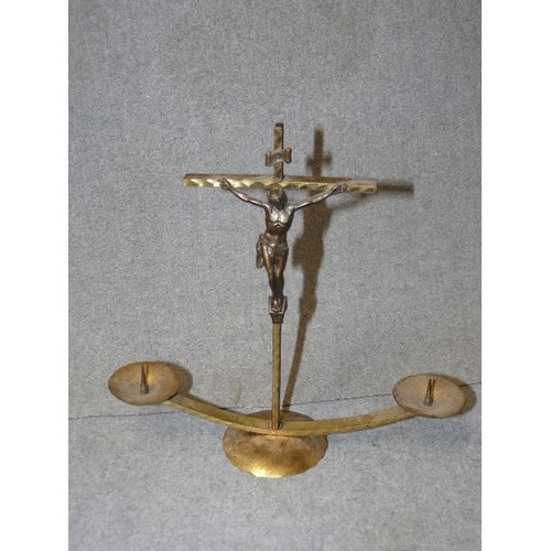 5 - VINTAGE BRASS CRUCIFIX CANDLE HOLDER