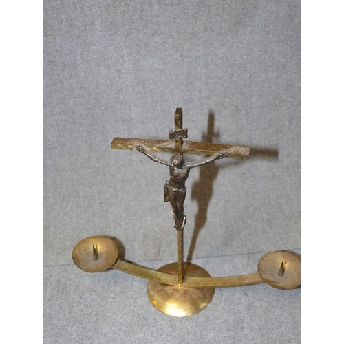 5 - VINTAGE BRASS CRUCIFIX CANDLE HOLDER