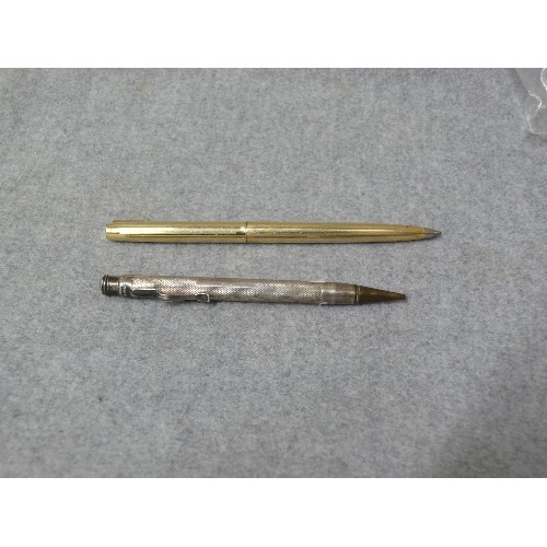 34 - A SOLID SILVER PROPELLING PENCIL THE KINGSWOOD PENCIL EVER SHARP Ltd. PLUS A GOLD PLATED SHAFFER PEN... 