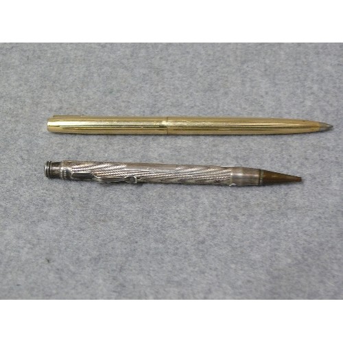 34 - A SOLID SILVER PROPELLING PENCIL THE KINGSWOOD PENCIL EVER SHARP Ltd. PLUS A GOLD PLATED SHAFFER PEN... 