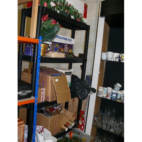 439 - 4 SHELVES OF CHRISTMAS DECORATIONS INC LIGHTS, BOXED CHRISTMAS TREE, BAUBLES INC VINTAGE GLASS BAUBL... 