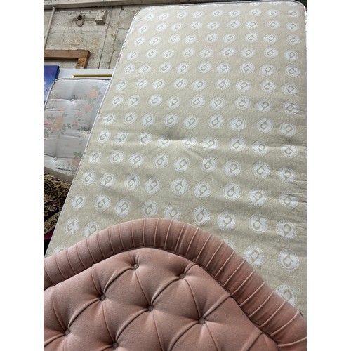 527 - SINGLE BED AND MATTRESS WITH DUSTY PINK VELOUR HEADBOARD