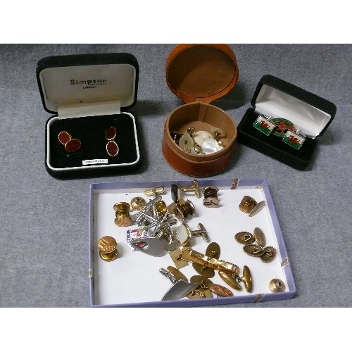 28 - LARGE COLLECTION OF CUFFLINKS. AND MOTHER OF PEARL DRESS STUDS. R.A.F. WALES WITH BADGE CORNELIAN LO... 