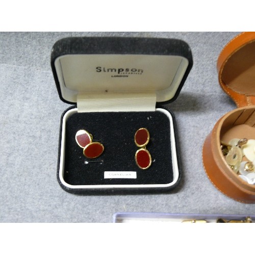 28 - LARGE COLLECTION OF CUFFLINKS. AND MOTHER OF PEARL DRESS STUDS. R.A.F. WALES WITH BADGE CORNELIAN LO... 