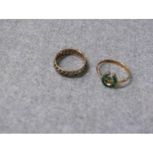 38 - A 9ct GOLD HORSESHOE RING WITH GREEN STONES  WEIGHT 1.56 SIZE O STONE LOST  PLUS AN ETERNITY 9ct GOL... 