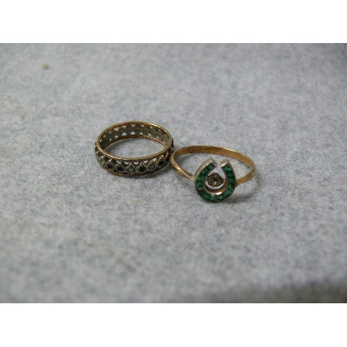 38 - A 9ct GOLD HORSESHOE RING WITH GREEN STONES  WEIGHT 1.56 SIZE O STONE LOST  PLUS AN ETERNITY 9ct GOL... 