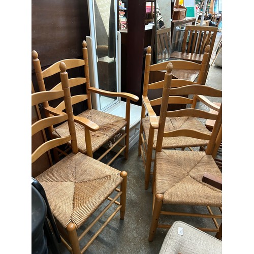 503 - 2 ALPINE STYLE BEECH DINING CHAIRS AND PAIR OF CARVERS - RUSH SEATED