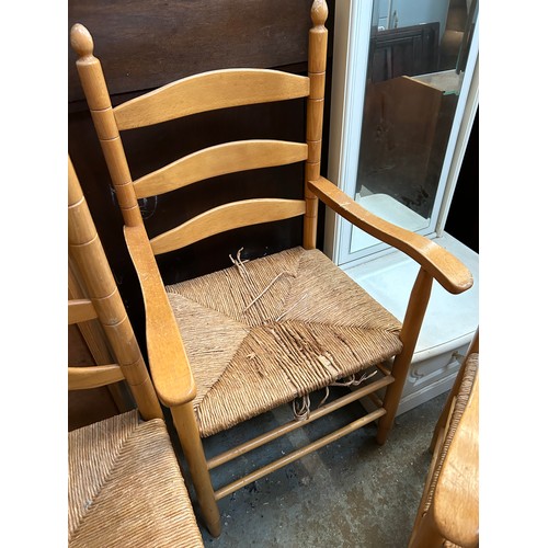 503 - 2 ALPINE STYLE BEECH DINING CHAIRS AND PAIR OF CARVERS - RUSH SEATED