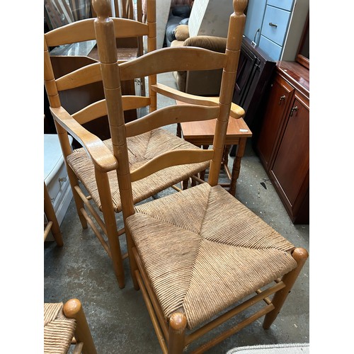 503 - 2 ALPINE STYLE BEECH DINING CHAIRS AND PAIR OF CARVERS - RUSH SEATED