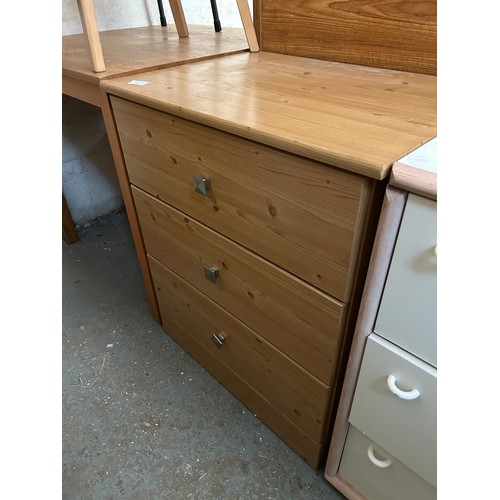 500 - PINE VENEERED CHEST OF 3 DRAWERS WITH SQUARE BRUSHED STEEL KNOBS