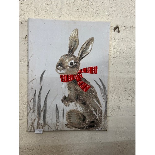 476 - HAND EMBELISHED PRINT OF A RABBIT WITH A FABRIC SCARF