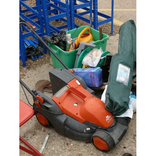 466 - FLYMO PAC A MOW LAWNMOWER , HOSE REEL, GARDEN TOOLS, WATERING CAN, FOLDING CHAIR IN BAG