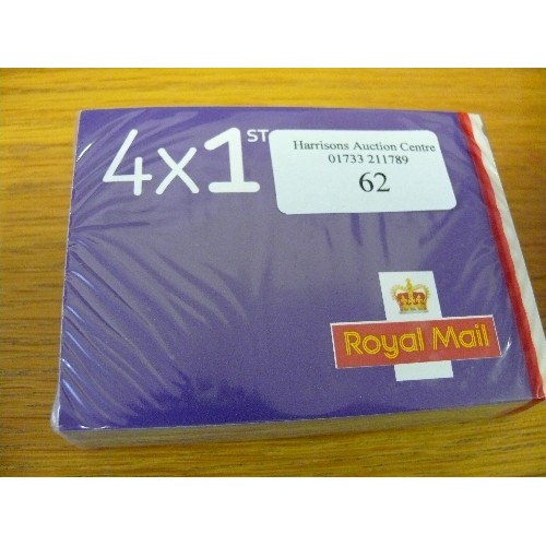 62 - SEALED PACK OF 50 BOOKS OF 4 X 1ST CLASS STAMPS (200 IN TOTAL). RETAIL £270 GUARANTEED GENUINE