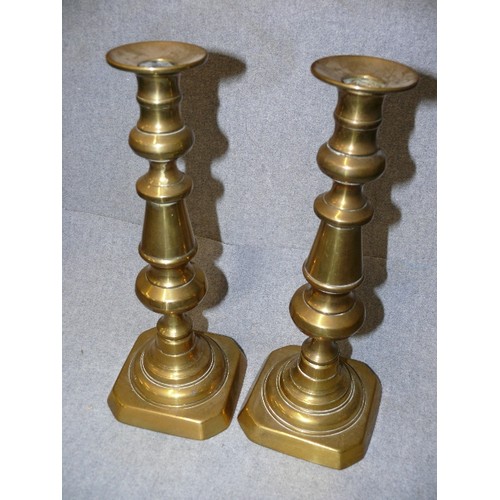 53 - A GOOD PAIR OF LARGE VICTORIAN BRASS CANDLESTICKS 30CM