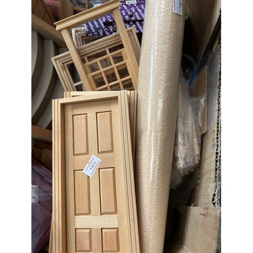 227 - LARGE TRAY OF DOLL HOUSE MAKING MATERIALS INCLUDING GRAND FRONT STAIRWAY, WINDOWS, DOORS, PAPER ROLL... 