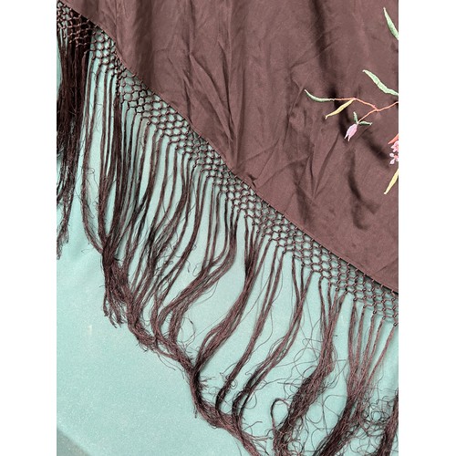 333 - Vintage piano shawl with embroidered floral design and long silk fringe