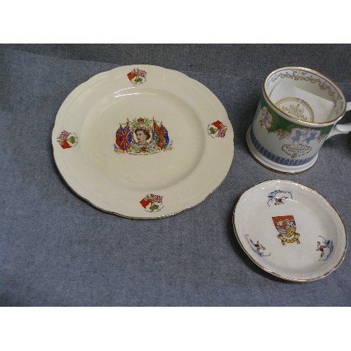 81 - A SELECTION OF COLLECTABLE CHINA MUGS AND PLATES, BUCKINGHAM PALACE, SPITFIRE AND RAF