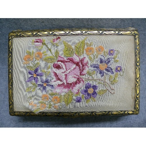 117 - A DECORATIVE TRINKET BOX WITH TAPESTRY FLOWER PICTURE ON LID