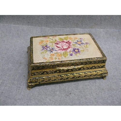 117 - A DECORATIVE TRINKET BOX WITH TAPESTRY FLOWER PICTURE ON LID